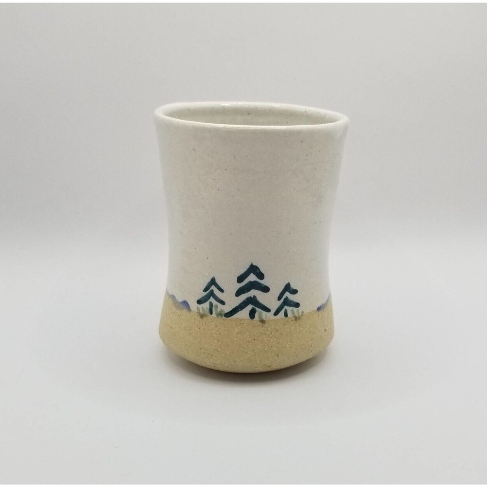 Studio Pottery Green Evergreens on White & Tan Ceramic Tea Cup Vase Pen Holder